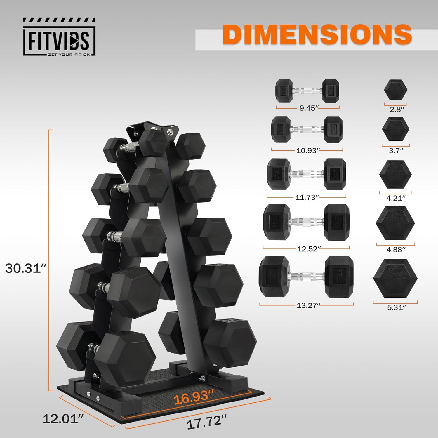 Fitvids Rubber Coated Hex Dumbbell Set with Storage Rack, 100/150/200/550 LB Hand Weight Set with Anti-Slip Grip for Home Gym