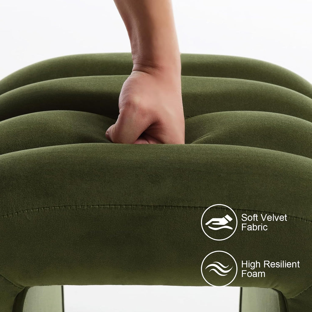 Flouki Ottoman Foot Stool with Channel Tufted, Small Ottoman Bench for Entryway, Modern Velvet Vanity Stool Chair, Upholstered Foot Rest Extra Seat for Living Room (Green)