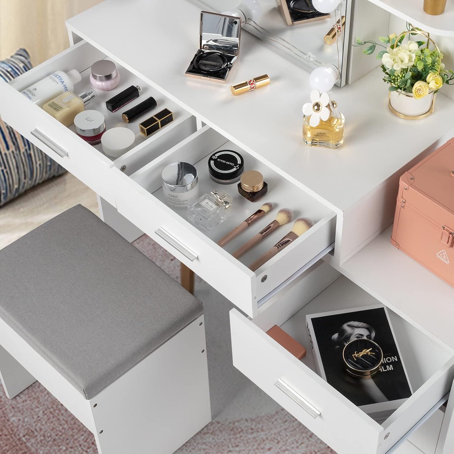 Karl home Vanity Desk with Sliding Mirror and Lights,3 Colour Light Modes,5-Drawer Makeup Vanity with Stool, Makeup Desk Vanity Table for Women, White