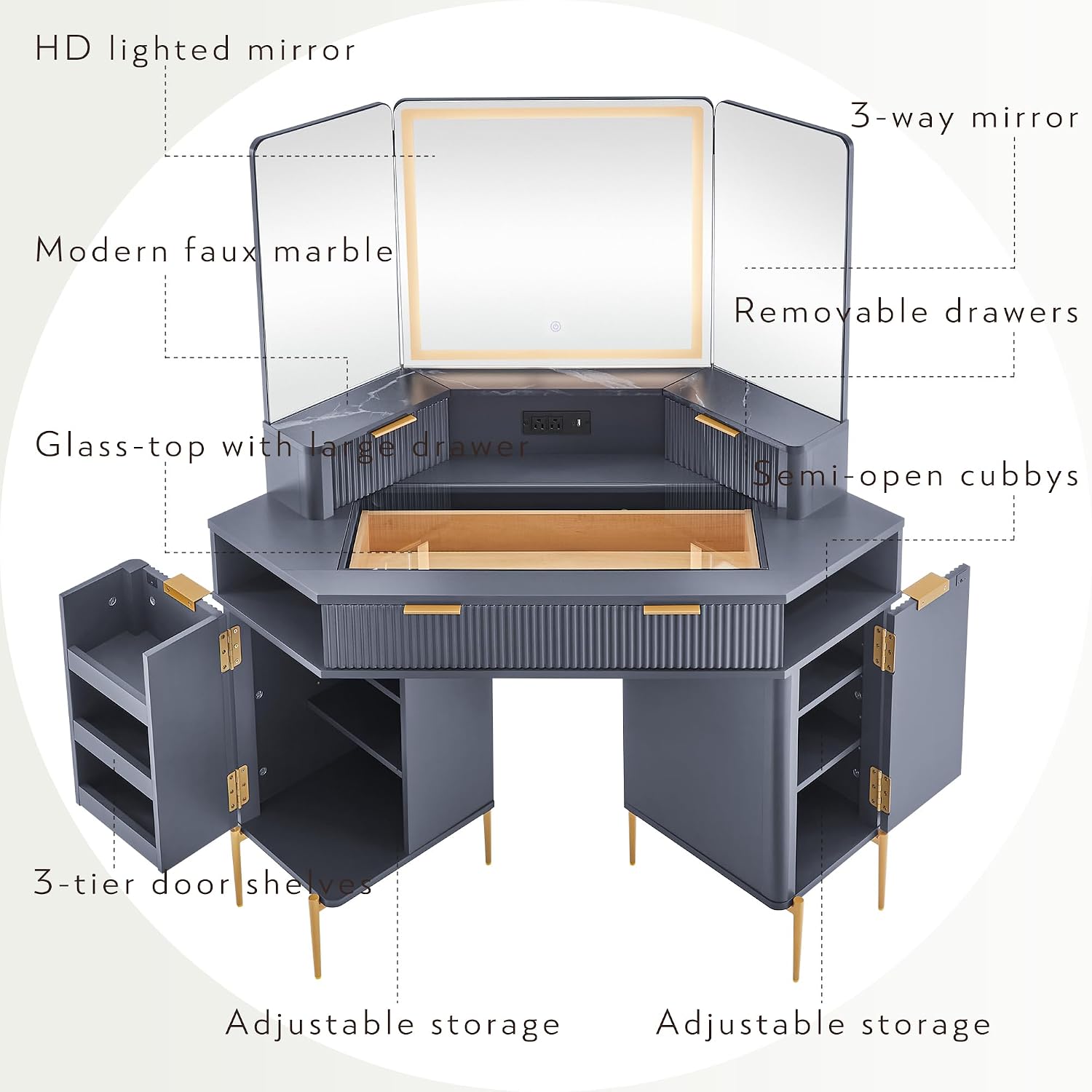 T4TREAM Corner Vanity Desk with Mirror and Lights, 48' Modern Fluted Makeup Vanity with Glass Top, 3-Panel Lighted Mirror & Charging Outlet, Dressing Table with 3 Drawers & 2 Cabinets, Dark Grey