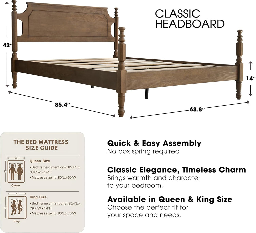 Solid Wood Queen Size Bed Frame with Headboard & Footboard, 12 Strong Slats, Center Metal Legs, Anti-Slip & Noise-Free Design, No Box Spring Needed, Quick Assemble, Barnwood Finish, ROQ-30
