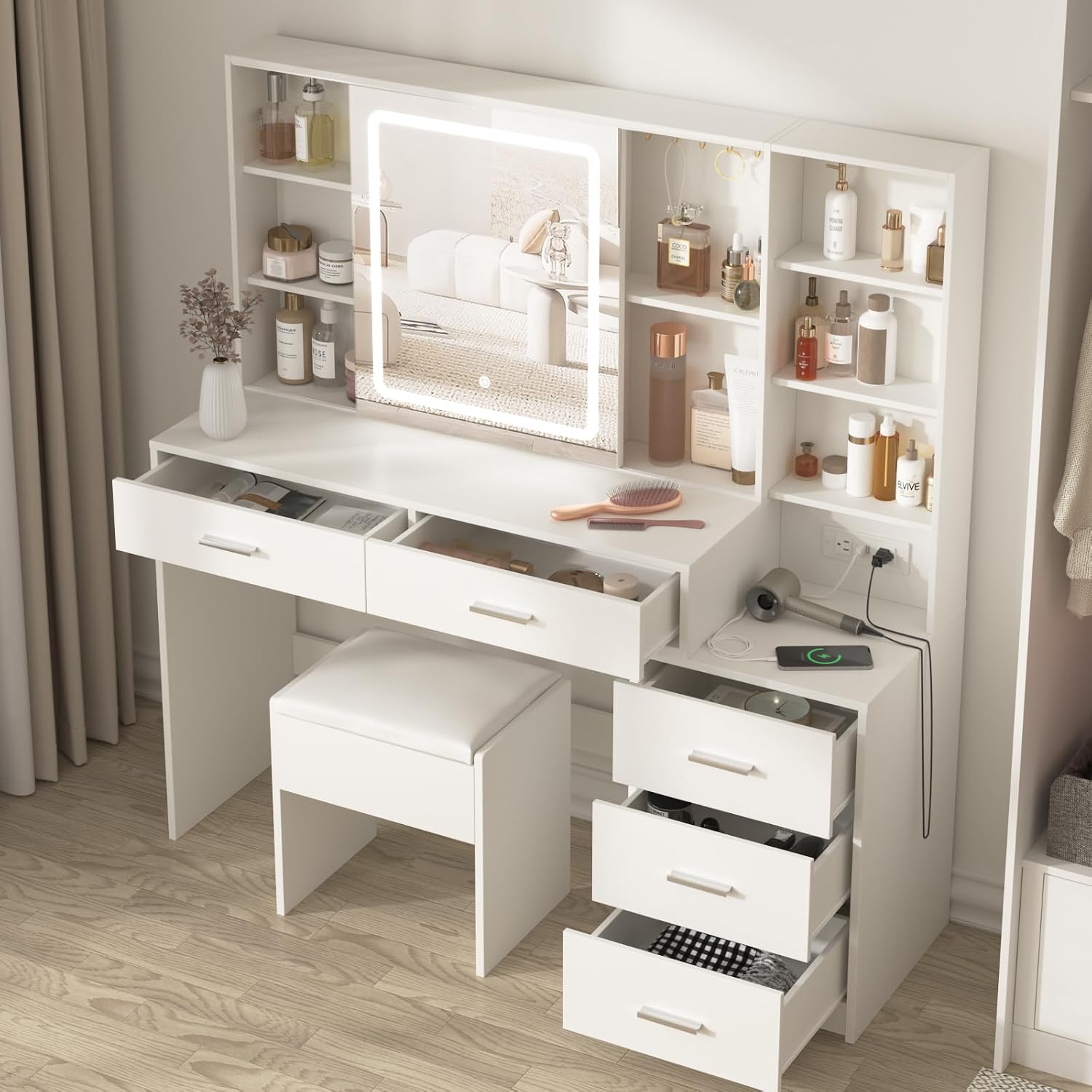 Fameill Vanity Desk with Mirror and Lights, Makeup Vanity with 5 Drawers, Makeup Desk with Charging Station and Ample Storage, Dressing Table with Chair for Bedroom Room (White)