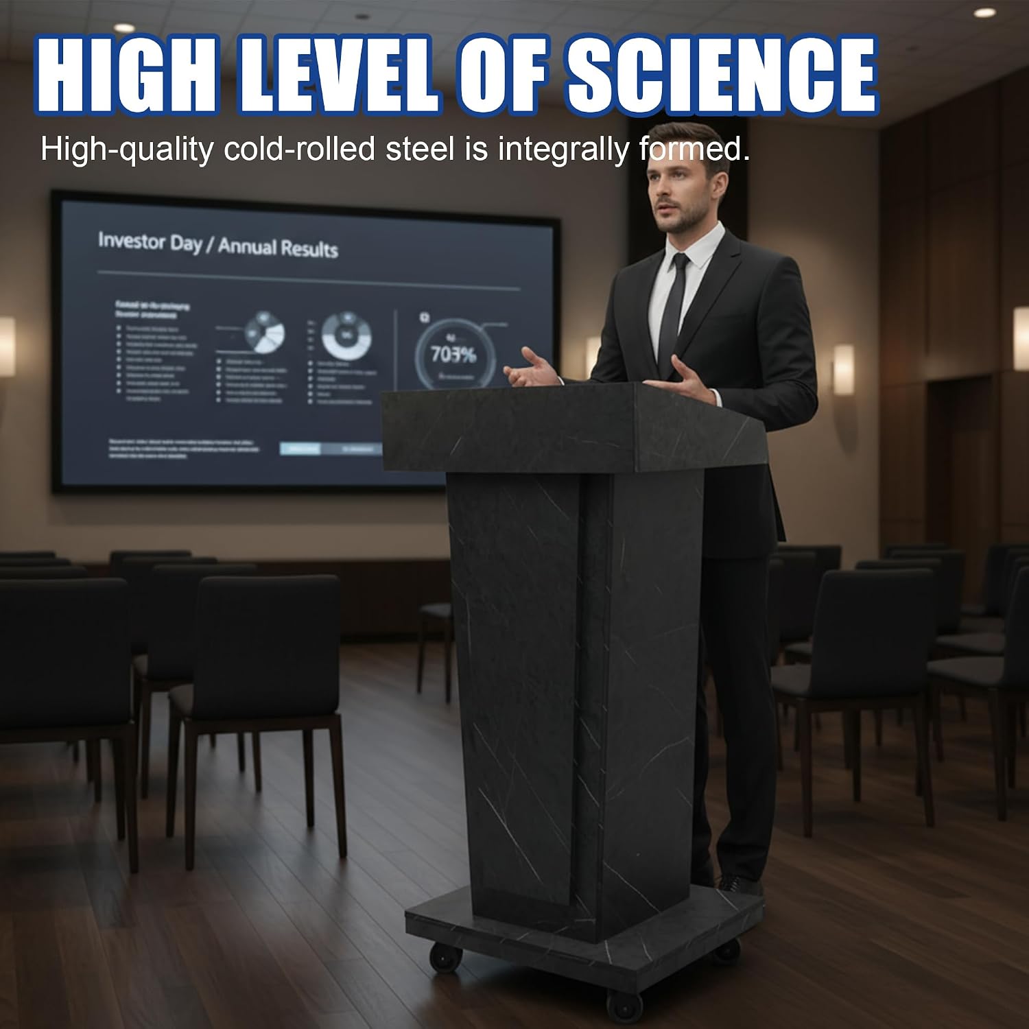 Wooden Podium Stand with Footrest, Rolling Lectern with Storage, Marble Texture Finish, 23.6' Desktop, Built-in Cable Holes, Sturdy Base, Mobile Pulpit for Churches, Conferences & Offices
