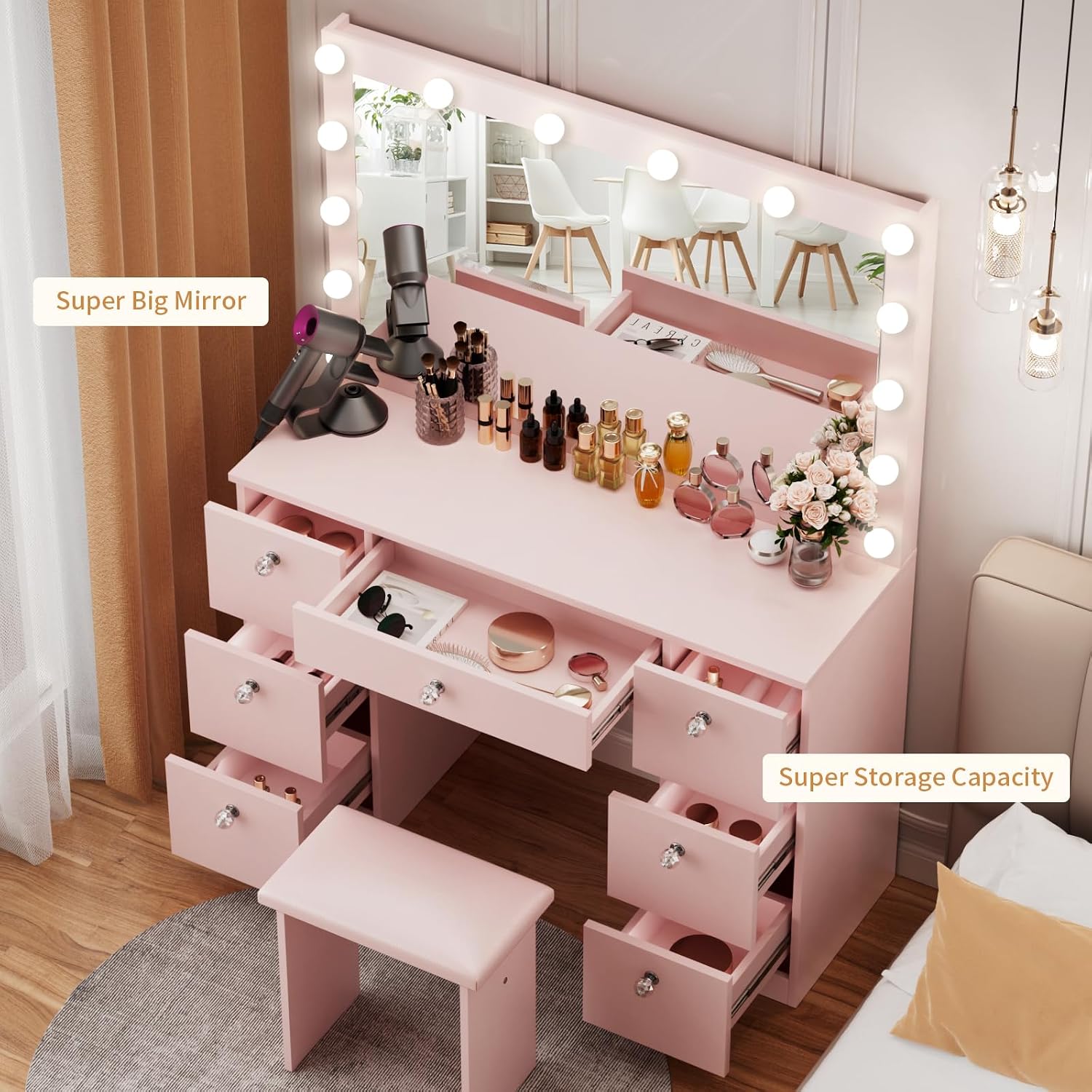 VOWNER Vanity with Lighted Mirror - Makeup Vanity Desk with Glass Top, 7 Drawers and Power Outlet, 3 Color Lighting Modes Adjustable Brightness, 44' Vanity Table with Stool for Women Girls, Pink
