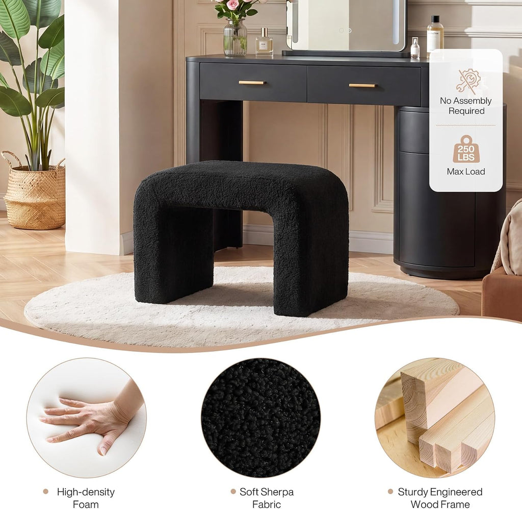 Tribesigns Modern Vanity Stool, Sherpa Upholstered Foot Stool Ottoman, Large Foot Rest for Couch, Shoe Bench for Entryway, Extra Seating for Living Room, Bedroom, Dressing Room, No Assembly, Black