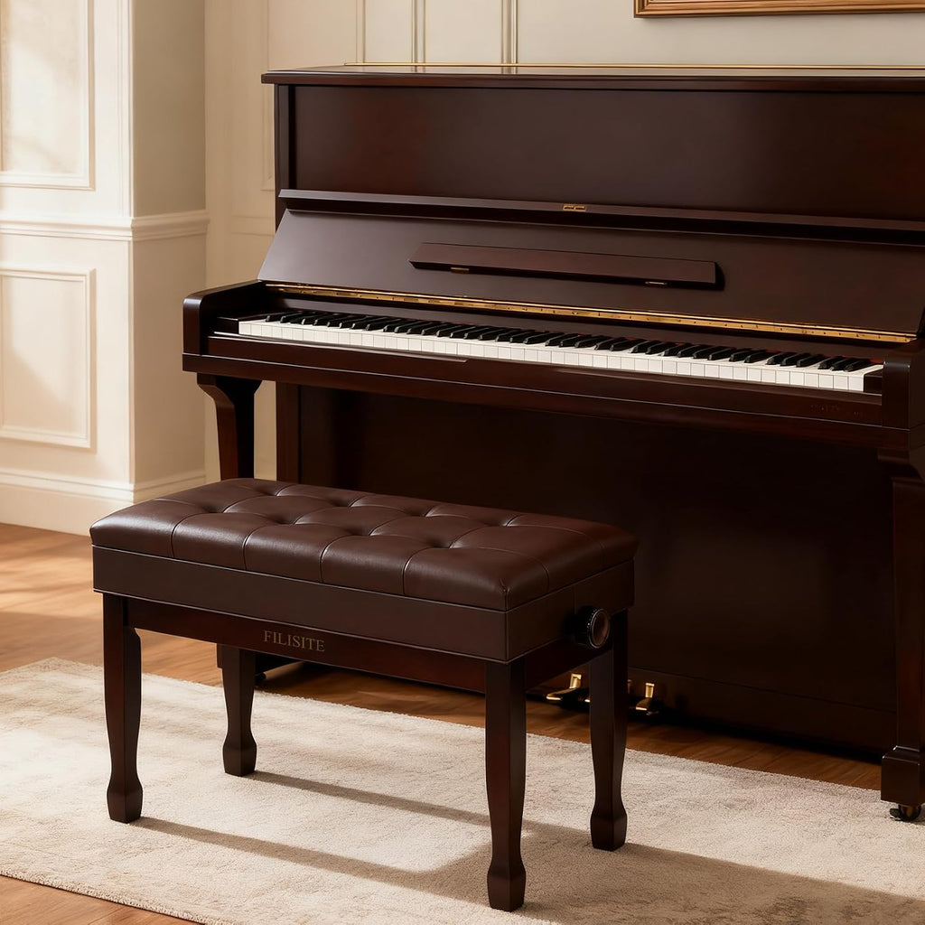 Adjustable Height Piano Bench with Storage, Solid Wood Duet Keyboard Stool, Waterproof Padded Seat Cushion, Multi-Use Bench for Piano, Vanity, Living Room, Bedroom XJ750-4(Brown)