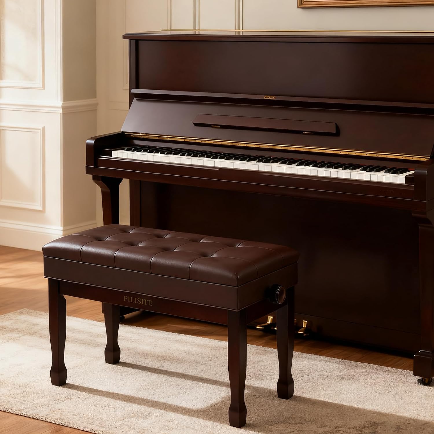 Adjustable Height Piano Bench with Storage, Solid Wood Duet Keyboard Stool, Waterproof Padded Seat Cushion, Multi-Use Bench for Piano, Vanity, Living Room, Bedroom XJ750-4(Brown)