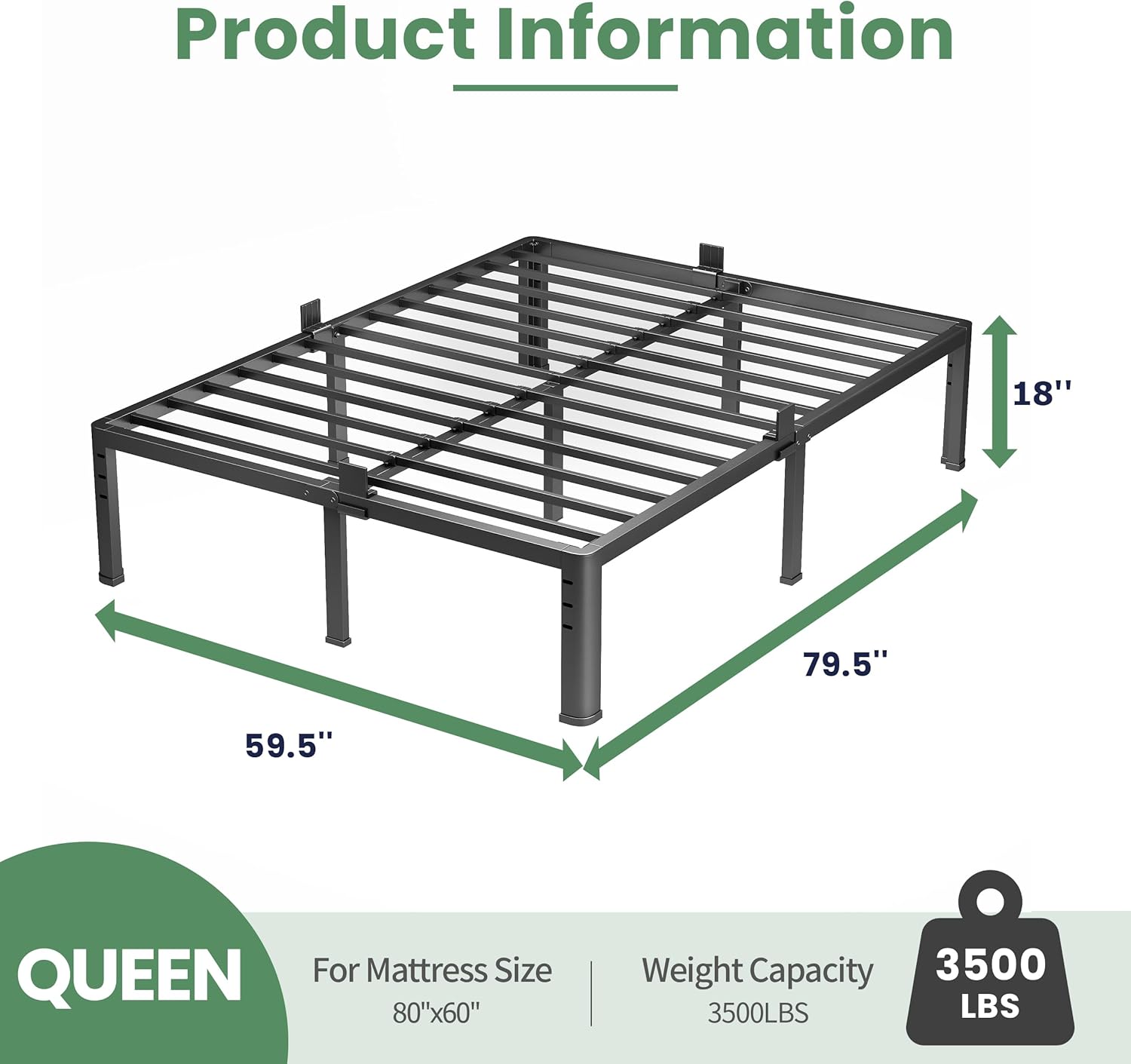 NKZ 18 Inch Metal Platform Bed Frame,Queen Bed Frame with Storage Space, No Box Spring Needed, Easy Assembly, Noise Free, 3,500 lbs Heavy Duty Steel Slats Support