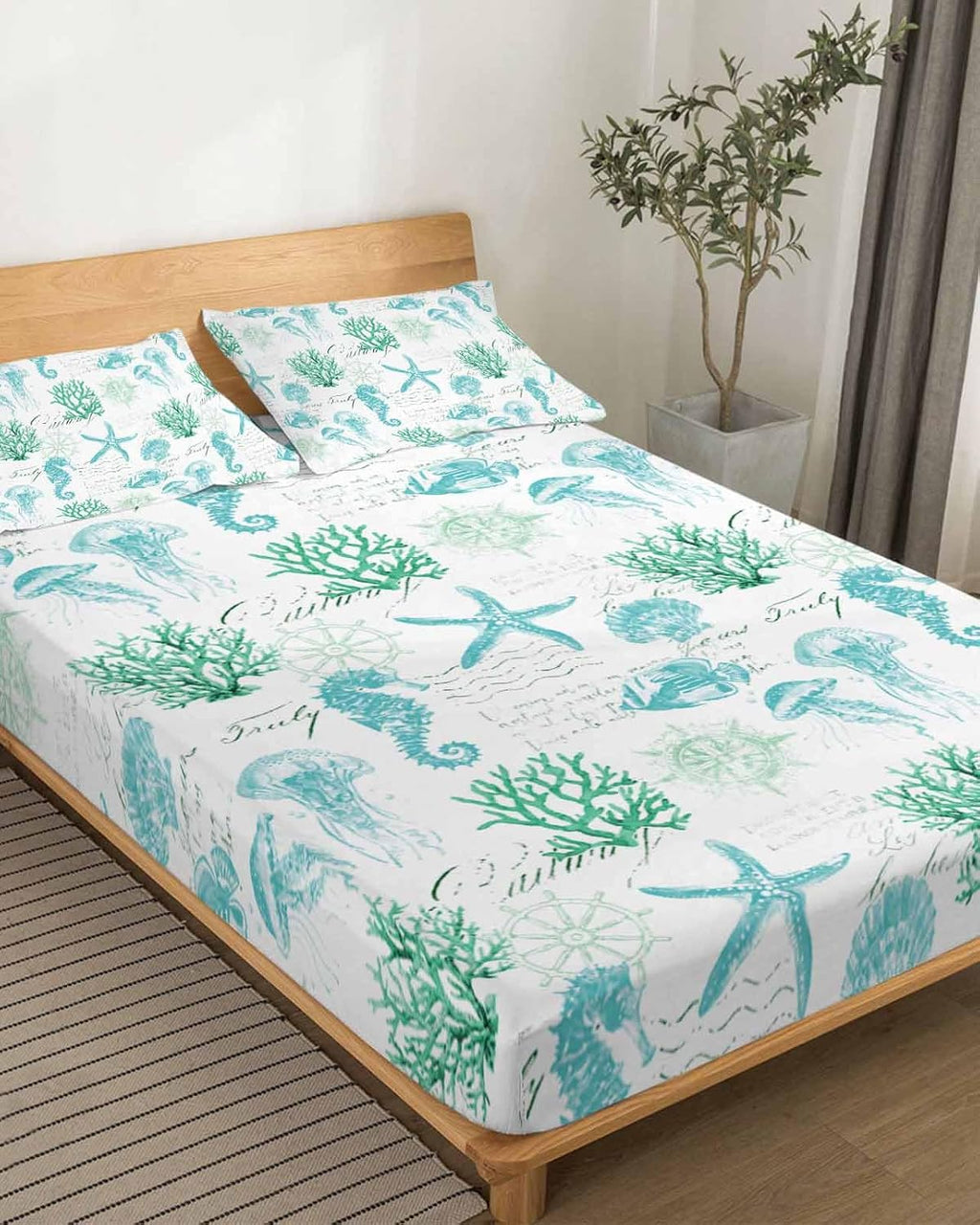 Green Aqua Coastal Cal King Sheet Set 4 Piece Bedding - Nautical Jellyfish Seashells Starfish Breathable Comfy Cooling Bed Sheets & Pillowcase Sets,Hotel Luxury Flat Sheets Deep Pockets Fitted Sheet