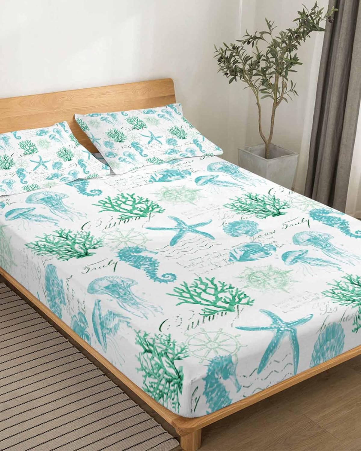 Green Aqua Coastal Cal King Sheet Set 4 Piece Bedding - Nautical Jellyfish Seashells Starfish Breathable Comfy Cooling Bed Sheets & Pillowcase Sets,Hotel Luxury Flat Sheets Deep Pockets Fitted Sheet