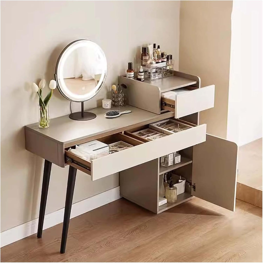 Vanity Desk, Vanity Table, Dressing Table, Makeup Table for Bedroom, Corner Dressing Table with Storage Shelf, Make Up Desks with Lights