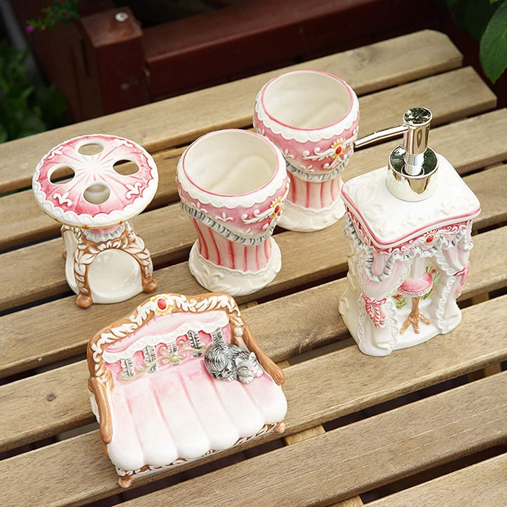 Vanity Bathroom Decor, Bathroom Accessory Set Ceramics 5 Pieces Pink Sweet Style Bathroom Kit for Wedding Housewarming Gift Housewarming Gift