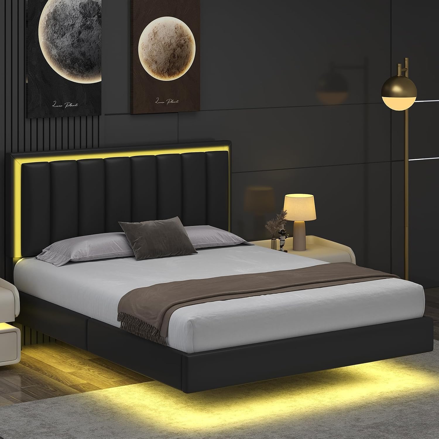 IMMERSTABLE Queen Size Floating Bed Frame with LED Lights, Upholstered Platform Bed with Headboard, 11 in Storage Clearance, Solid Wood Slats, No Box Spring Needed, Easy Assembly, Black