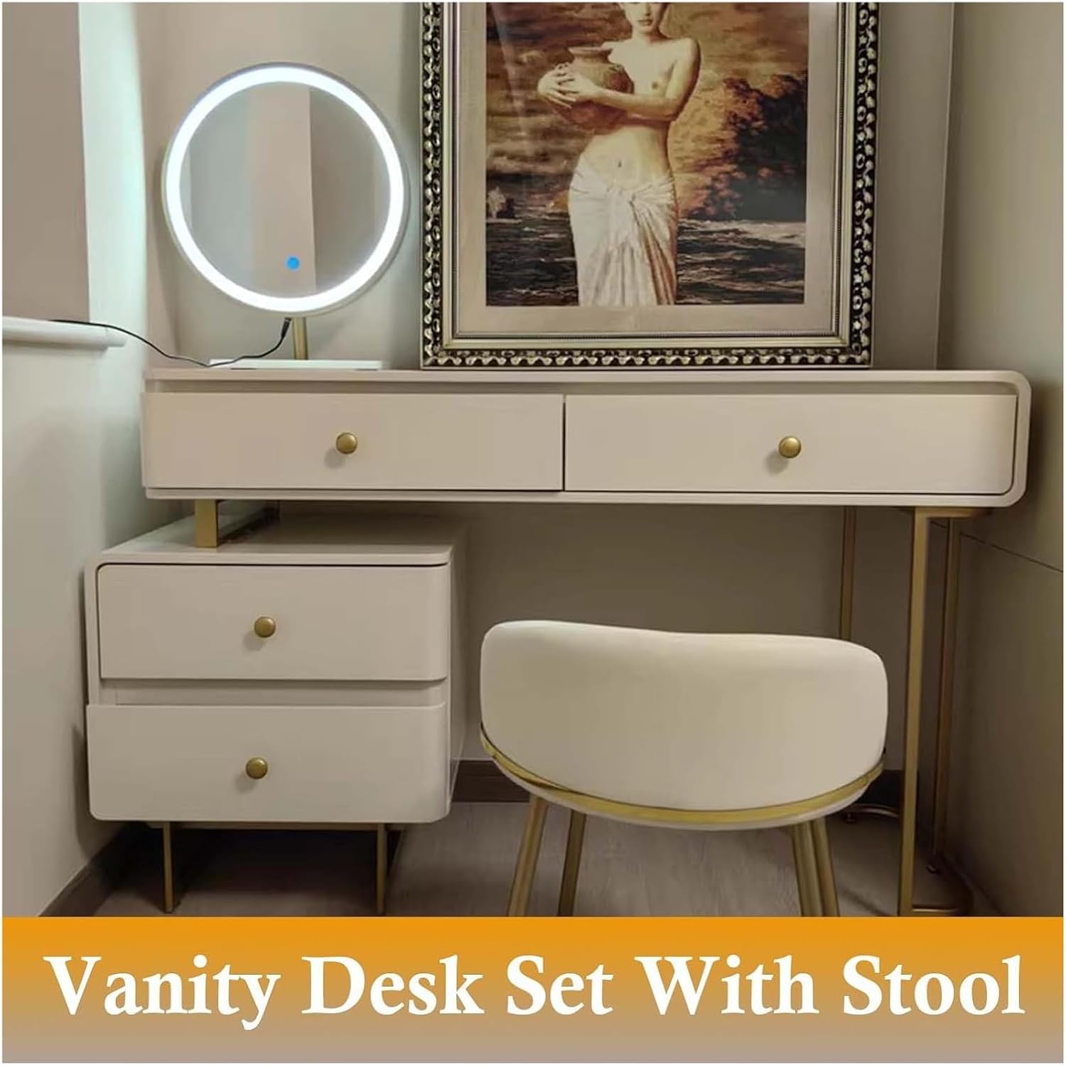 Vanity Desk, Vanity Table, Dressing Table, Vanity Desk with Drawers and Chair, Makeup Table with Lighted Mirror Corner(31x16x31 inch)