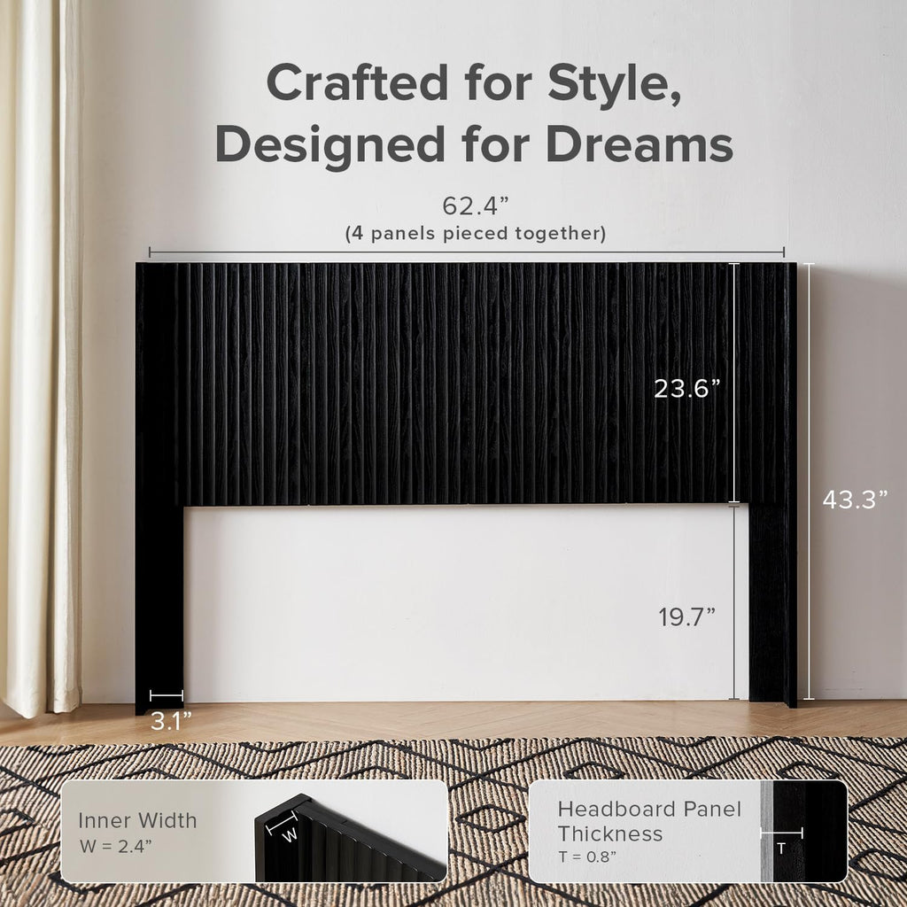 mopio Brooklyn Fluted Panel Wingback Headboard 62.4' - Wall Mount Headboard for Queen Bed, Modern Farmhouse Bedroom Decor, 4-Panel Assembly (Black Oak, Queen)