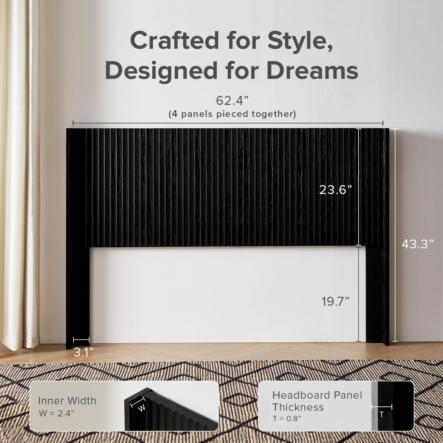 mopio Brooklyn Fluted Panel Wingback Headboard 62.4' - Wall Mount Headboard for Queen Bed, Modern Farmhouse Bedroom Decor, 4-Panel Assembly (Black Oak, Queen)
