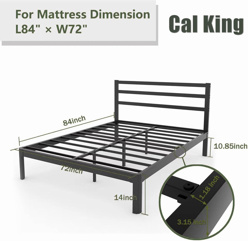 ZIYOO 18 Inch Cal-King Size Metal Platform Bed Frame with Modern Iron-Art Headboard Modern Iron Platform Bed Frame Support Up to 1500 LB No Box Spring Needed Noise-Free, Easy Assembly Black