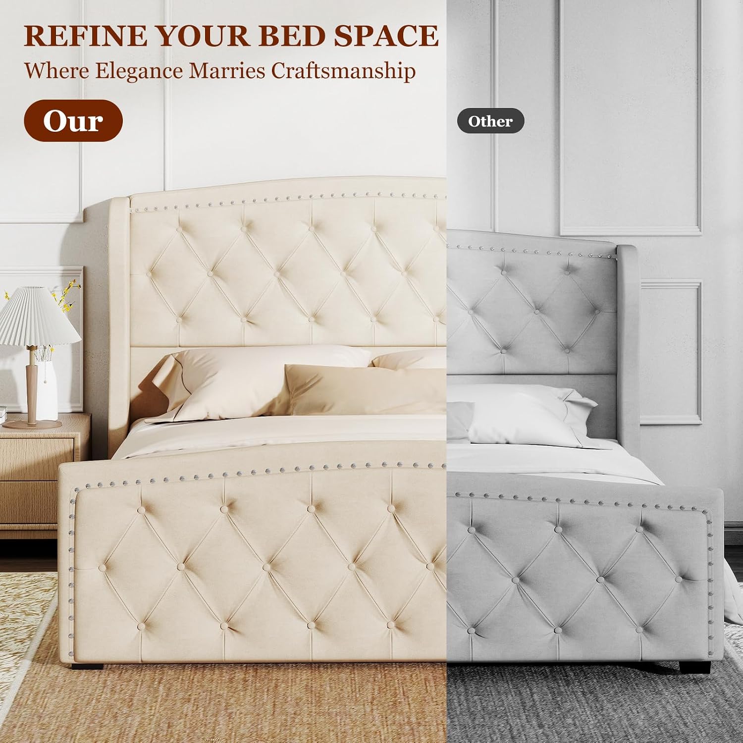 Furnihome King Size Bed Frame with 51' Tall Headboard, Velvet Upholstered Wingback Platform Design, Handcrafted Pleats& Deep Button Tufted, Solid Wood Legs, No Box Spring Needed, Beige