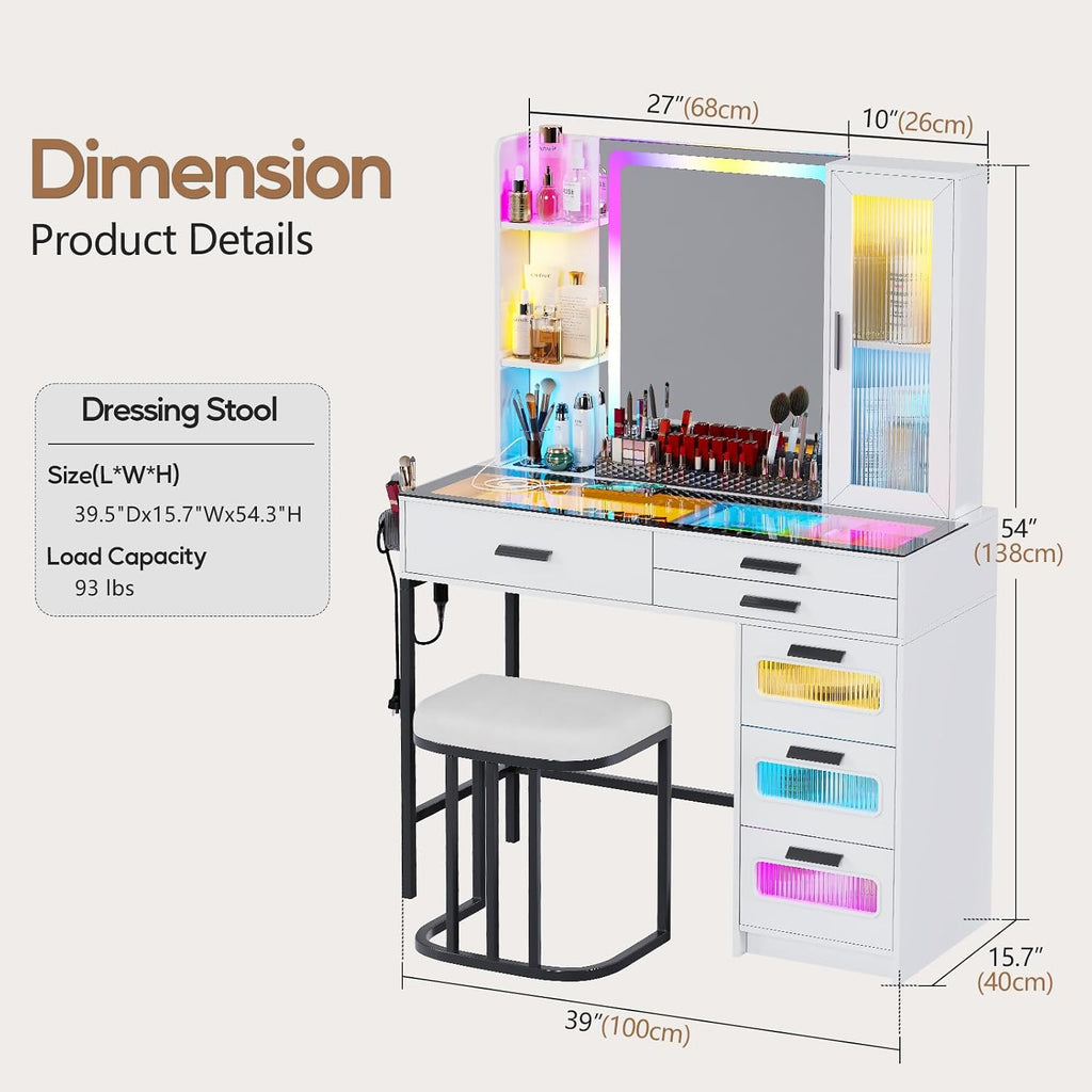 Makeup Vanity Desk with Mirror and RGB Lights,Glass Top Vanity Table with Wireless Charging & Stool,Vanity Set with 6 Drawers & Storage Cabinet & Makeup Organizer，Bedroom（White）