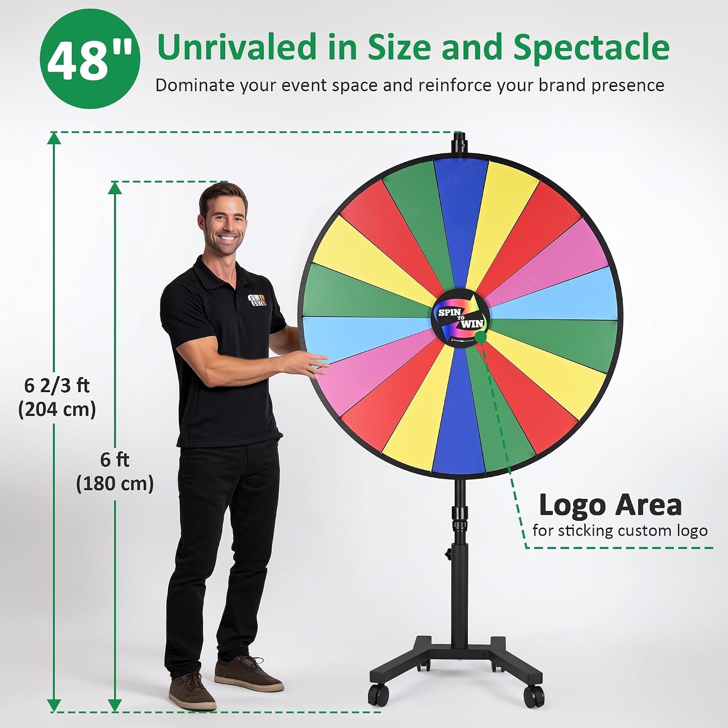 WinSpin 48' Large Giant Spinning Prize Wheel w/Mobile Base, Customizable Logo Prize Wheel Spinner with Stand for Trade Show Commercial Brand Opening Events Carnival, 18 Slots