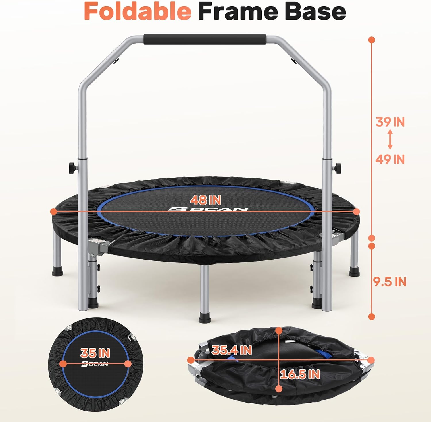 BCAN SP2 40/48' Foldable Mini Trampoline Max Load 330lbs/440lbs, Fitness Rebounder with Adjustable Foam Handle, Exercise Trampoline for Adults Indoor/Garden Workout | FED Fitness