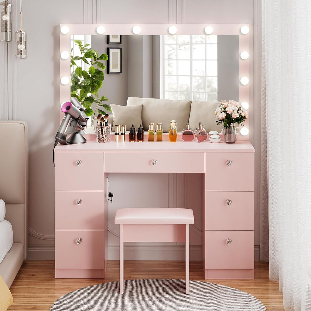 VOWNER Vanity with Lighted Mirror - Makeup Vanity Desk with Glass Top, 7 Drawers and Power Outlet, 3 Color Lighting Modes Adjustable Brightness, 44' Vanity Table with Stool for Women Girls, Pink