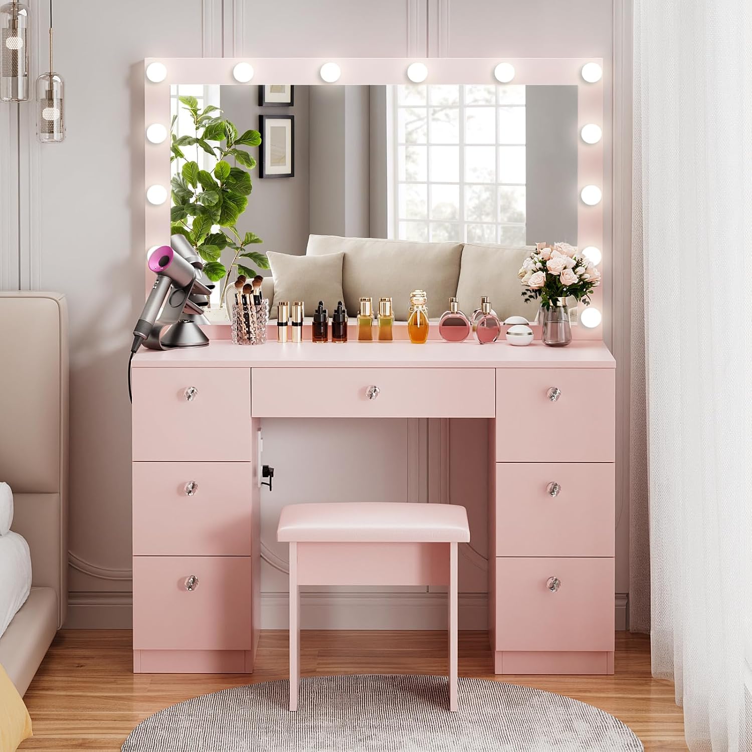 VOWNER Vanity with Lighted Mirror - Makeup Vanity Desk with Glass Top, 7 Drawers and Power Outlet, 3 Color Lighting Modes Adjustable Brightness, 44' Vanity Table with Stool for Women Girls, Pink