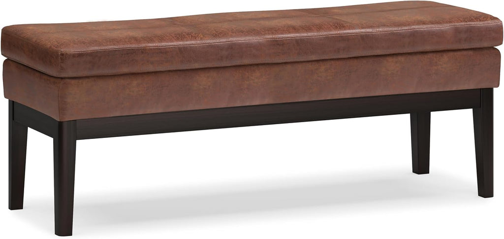 SIMPLIHOME Carlson Ottoman Bench - 45 inch Wide Upholstered Vegan Leather Rectangle Ottoman in Distressed Saddle Brown, Mid Century Modern Bench for Bedroom or Living Room with Padded Seat