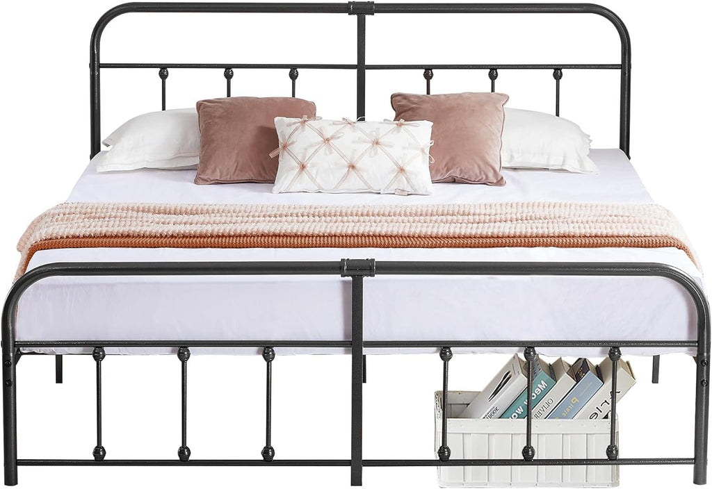 VECELO King Size Victorian Style Metal Bed Frame with Headboard Classic Metal Platform Bed Frame Mattress Foundation with Victorian Style Footboard/Under Bed Storage/No Box Spring Black