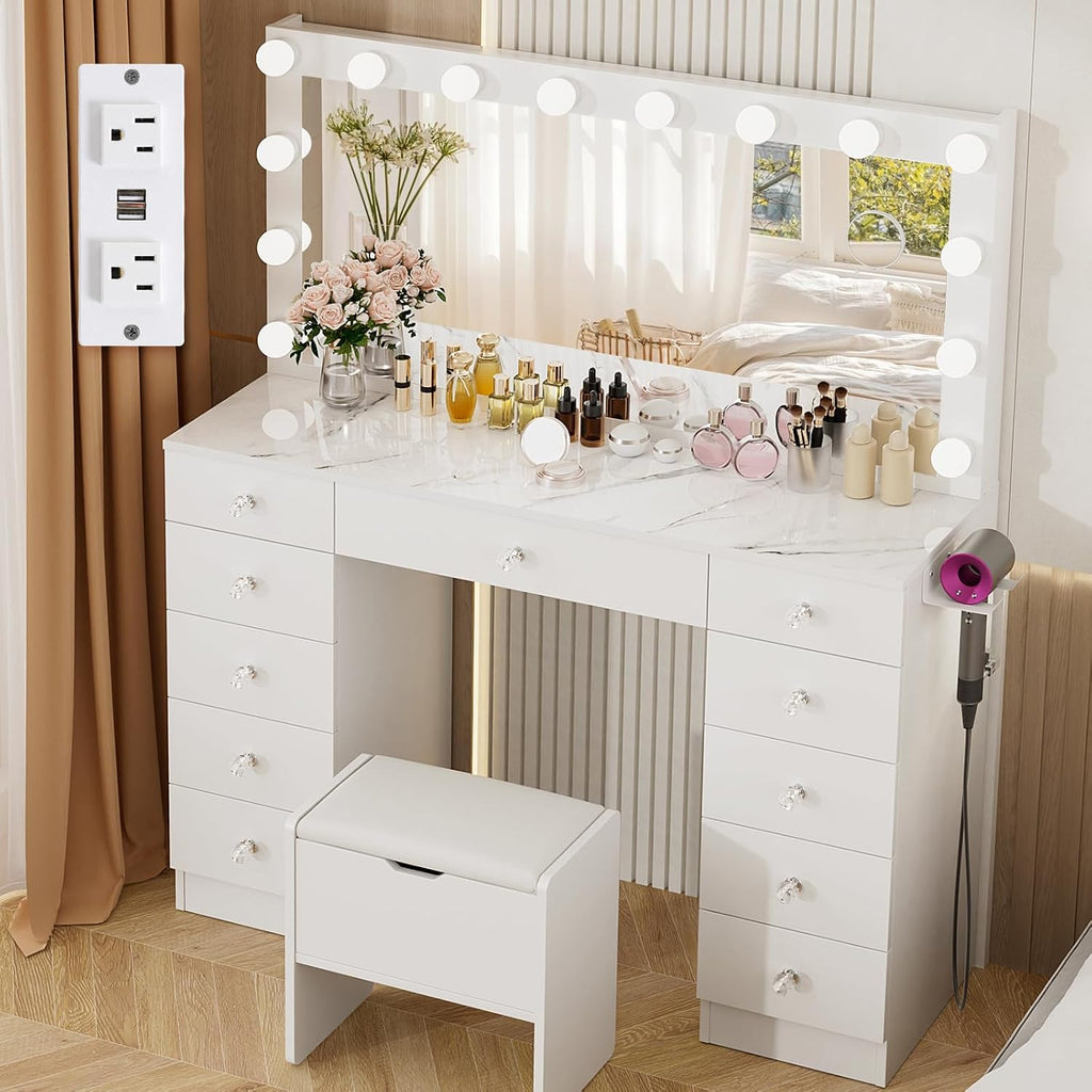 VOWNER Vanity with Lighted Mirror - Makeup Vanity Desk with 11 Drawers and Outlet, 3 Color Lighting Modes Adjustable Brightness, 46' Vanity Table with Soft Cushioned Stool for Bedroom, Marble