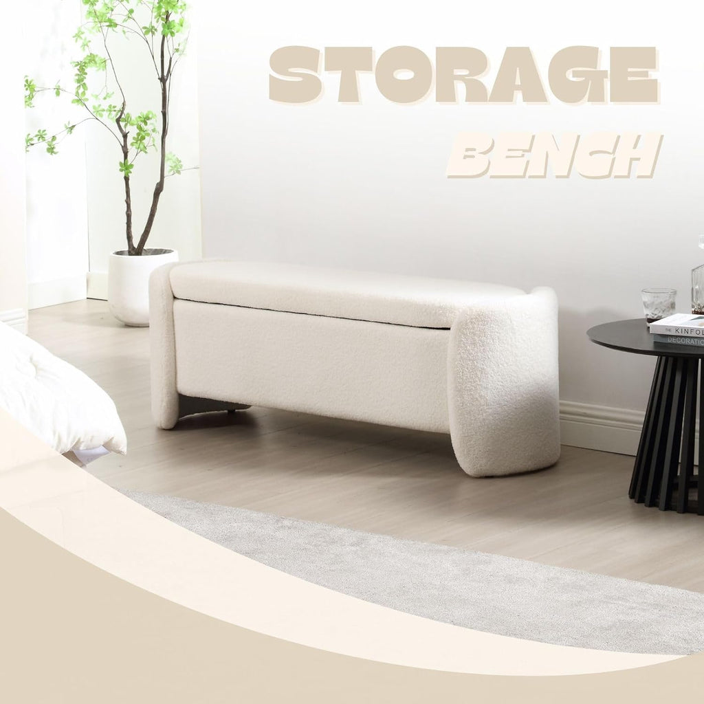 ROCTY White Boucle Storage Bench - 50' Sherpa Ottoman Bench for Bedroom, Entryway, Living Room & Vanity - Teddy Fabric with Storage & Seating