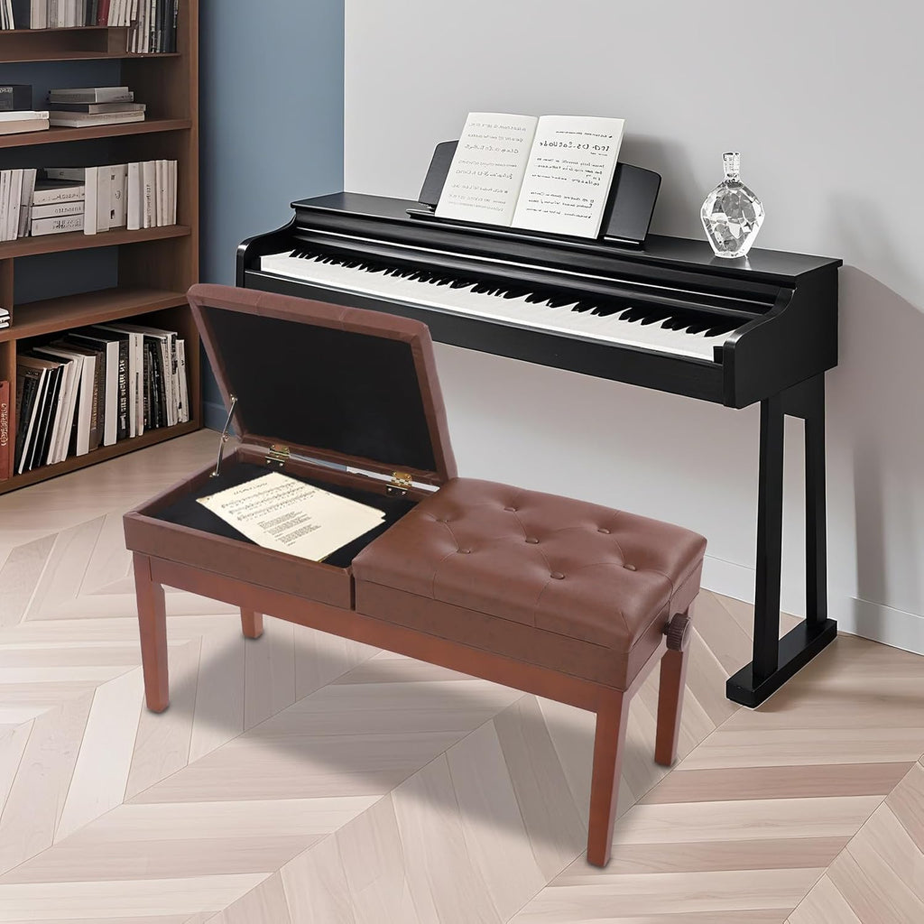 AngelcityCC Longer Duet Piano Bench with Storage, Adjustable Height Double Keyboard Piano Bench Seat with PU Leather Cushion