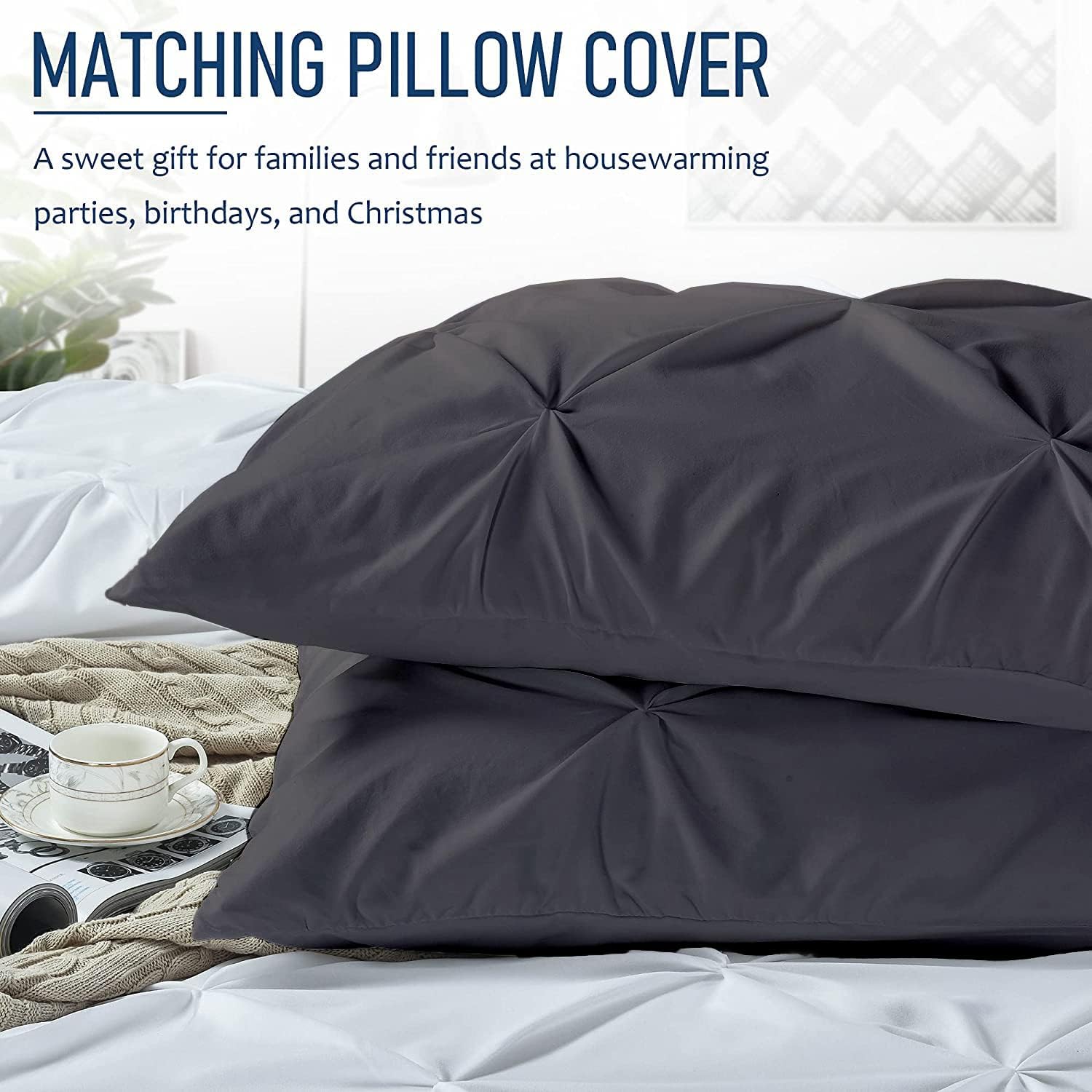 Crown Collection 1000-TC Hypoallergenic Ultra Soft Design 100% Egyptian Cotton Super King Plus 120X120 Dark Gray Solid Pinch Pleated Duvet Cover with Zipper Colser & 2pcs Pillow Case Set