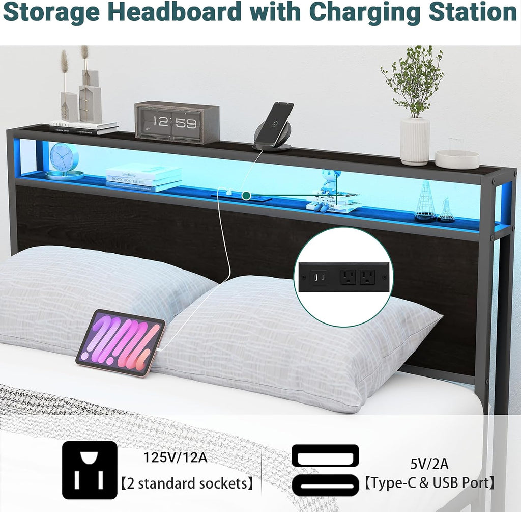 Zevemomo Full Bed Frames with Headboard, Full Size Storage Bed Frame with 8 Drawers, Built-in Charging Ports & Outlets, Adjustable Atmospheric LED Lights, Full-Size Metal Foundation Beds Base, Black