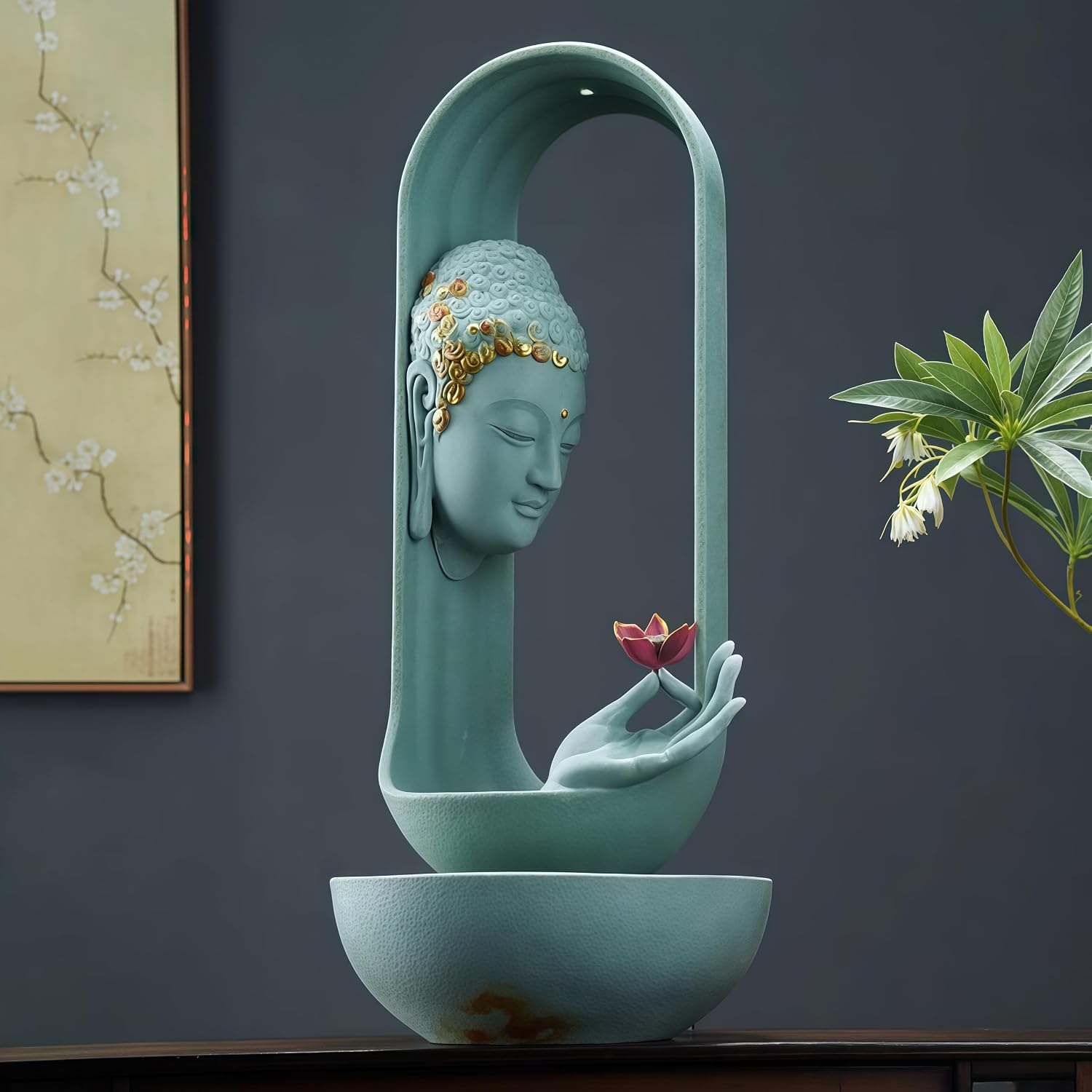 Tabletop Fountains, Buddha Water Fountain Indoor, Buddha Statue for Home - Buddha Statue Indoor/Outdoor, Buddha Decor & Gifts, Buddah, Buda, Budda, Buddhas, Chinese Decor & Gifts, Feng Shui (Green)
