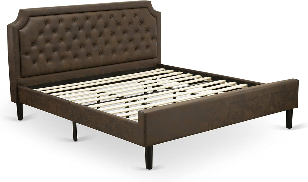 East West Furniture GB25K-1GA06 2-Pc Granbury Bed Set with Button Tufted Platform Bed and 1 Wire Brushed Black Mid Century Modern Nightstand - Dark Brown faux Leather with Black Texture and Black Legs