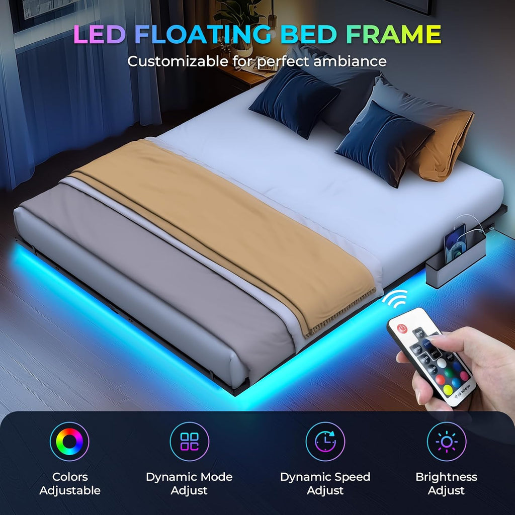 Tatub King Floating Bed Frame with Bedside Caddy, LED Floating Metal Platform Bed Frame with Charing Station & 4 Mattress Slide Stopper, No Box Spring Needed, Easy to Assemble