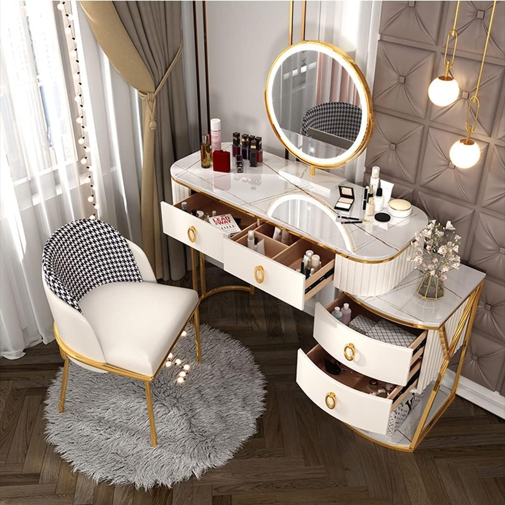 Vanity Benches Vanity Desk Set Bedroom Modern Dresser Ladies Fashion Dresser Bedroom Small Table with Side Cabinet, Mirror, Stool (Color : A)
