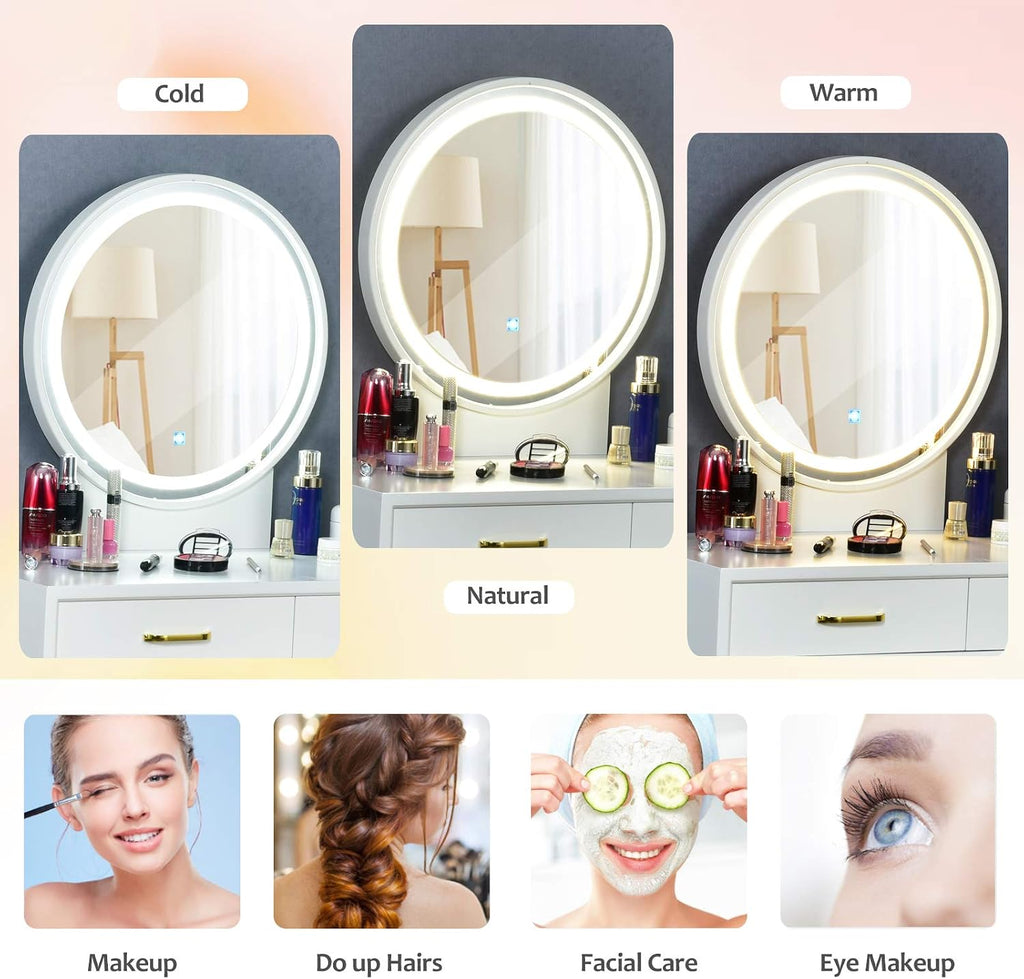 CHARMAID Vanity Set with Touch Screen Dimming Lighted Mirror, 3 Color Lighting Modes, Modern Bedroom Makeup Dressing Table with 2 Sliding Drawers and Cushioned Stool for Girls Women (White)