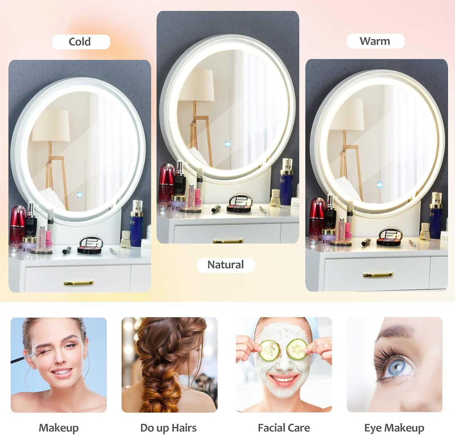 CHARMAID Vanity Set with Touch Screen Dimming Lighted Mirror, 3 Color Lighting Modes, Modern Bedroom Makeup Dressing Table with 2 Sliding Drawers and Cushioned Stool for Girls Women (White)