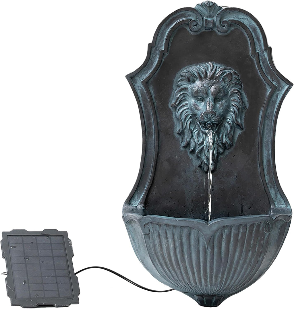 XBrand 29.9' Solar-Powered Wall-Mounted Lion Head Fountain, Resin, Outdoor, Gray