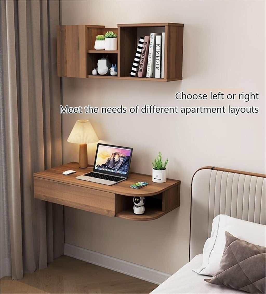 Vanity Set Dressing Table with Wall Mounted Bookshelf and Drawers Corner Floating Laptop Table Left/Right Config for Home Office Space Saver(Brown,80 cm Left)
