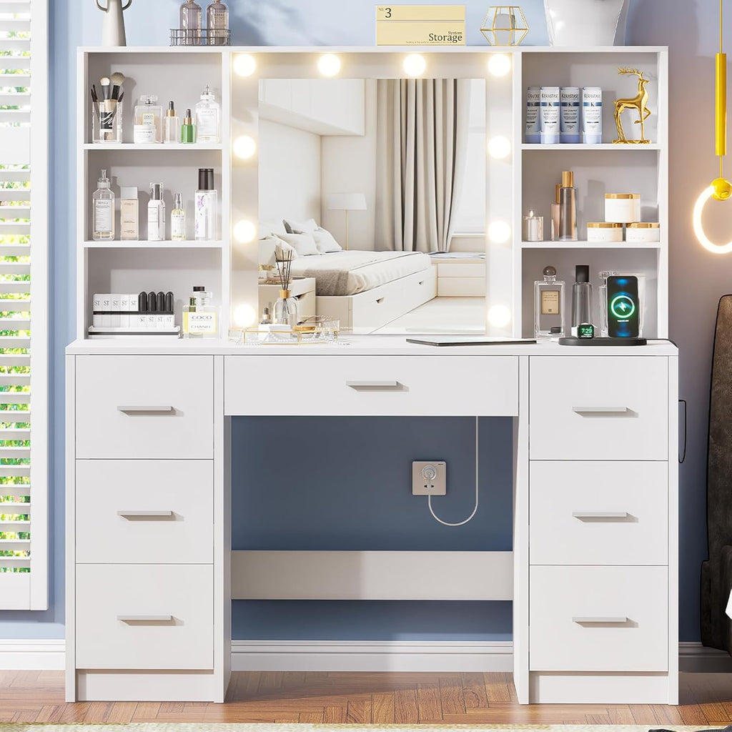 Vanity Desk with Lighted Mirror & Power Outlet, Makeup Vanity with 7 Drawers and 6 Storage Shelves, Bedroom Dressing Table with 3 Lighting Modes & Brightness Adjustable for Girls, Women, White