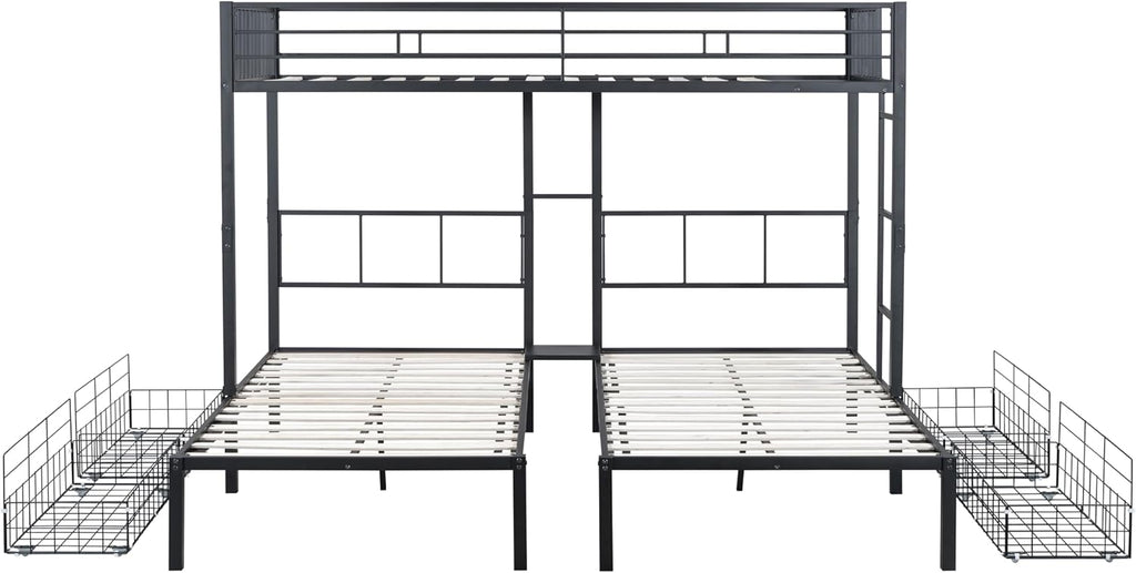 PVWIIK Heavy-Duty Triple Bunk Bed with 2 Storage Drawers & USB Charging Station,LED Triple Bunk Bed Frame with Built-in Ladder & Full-Length Guardrails,Easy to Assemble,Space Saving, Black