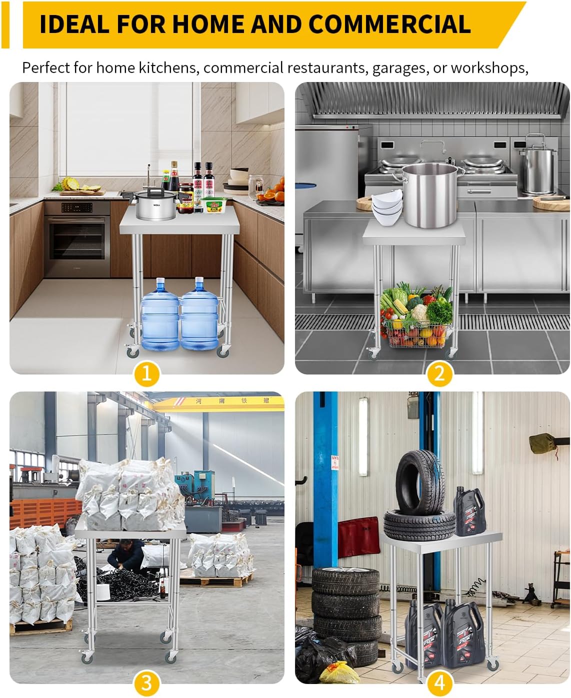 Stainless Steel Table, 18'x32'x35' Utility Work Tables, Commercial Kitchen Prep Table with Locking Casters and Open Base Single Tier, for Restaurant, Garage, Workshop, Silver