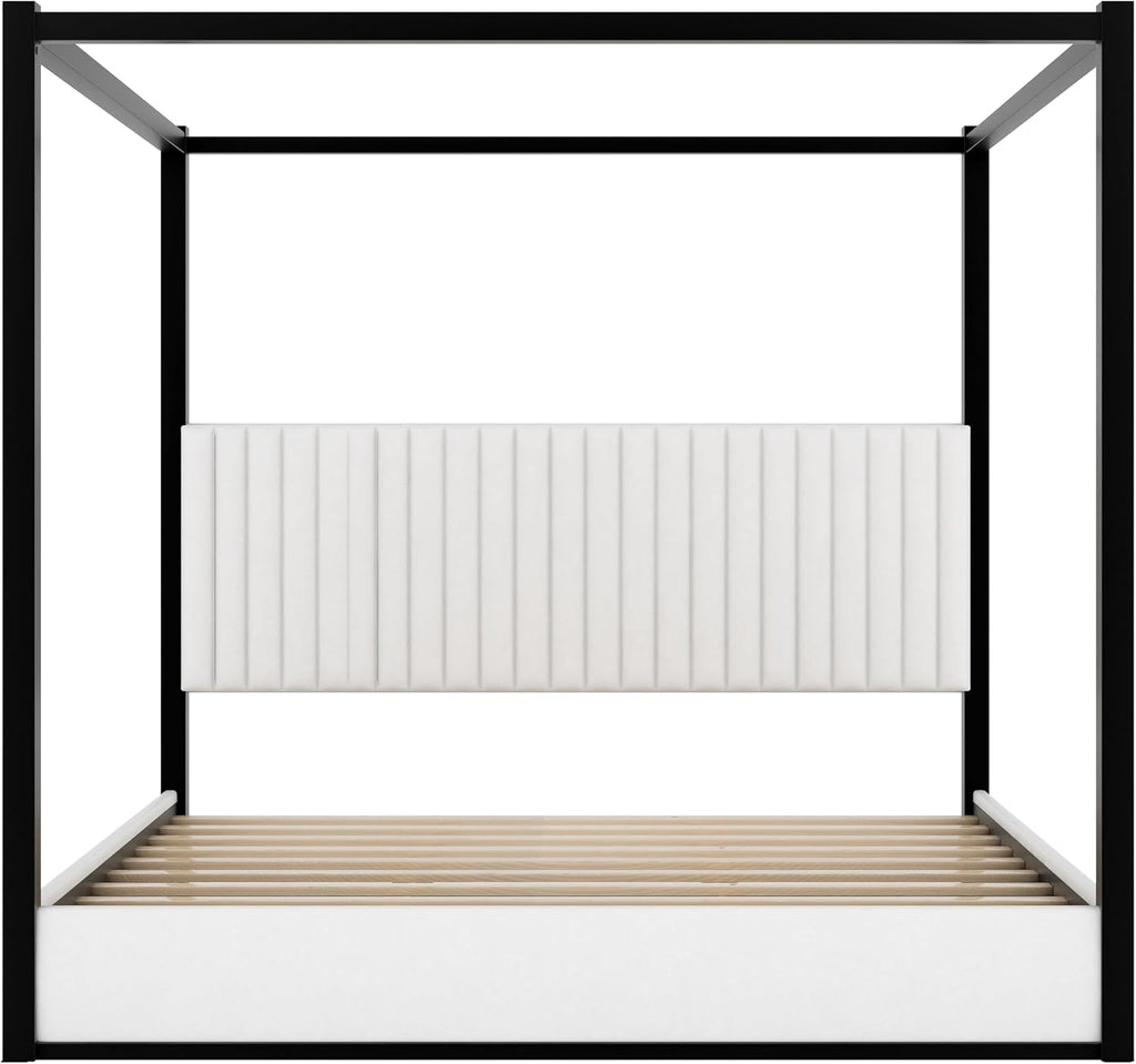 LUMISOL King Size Metal Canopy Bed Frame, 4 Poster Bed with Tall Upholstered Headboard, Velvet Upholstered Canopy Platform Bed, No Box Spring Needed, Black + White