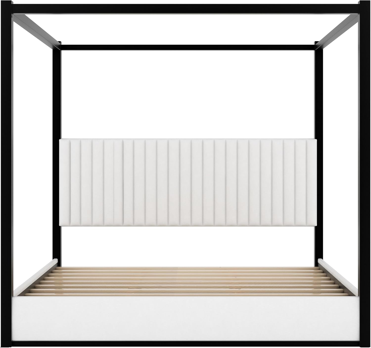LUMISOL King Size Metal Canopy Bed Frame, 4 Poster Bed with Tall Upholstered Headboard, Velvet Upholstered Canopy Platform Bed, No Box Spring Needed, Black + White