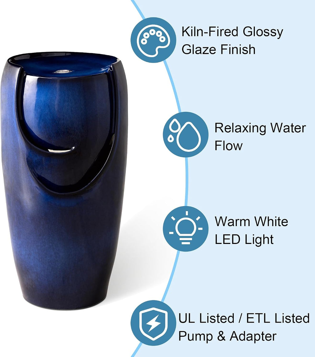 Glitzhome 29.25' H Outdoor Water Fountain Ceramic Jar Water Fountain with LED Light and Submersible Pump Vase Freestanding Water Fountain for Patio Garden Yard Art Decor, Cobalt Blue