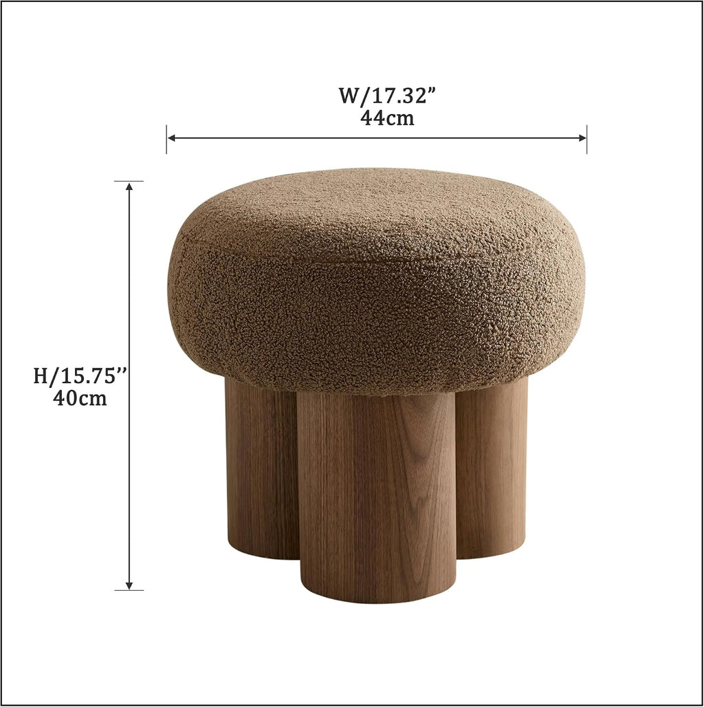 Living Room Ottoman Foot Stool, 17' Round Mid Century Modern Ottoman with Bouclé Teddy Fabric & Solid Wood Legs, Entryway Foot Rest for Couch, Vanity Seat, Bedroom Bench (Camel)