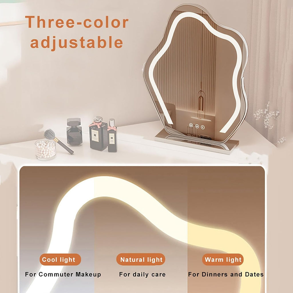 UPGENT Corner Vanity Set with Lighted Mirror, Corner Dressing Table with Stool, Makeup Dressing Table with Drawers, Cabinet and Cushioned Stool for Bedroom Dressing Room
